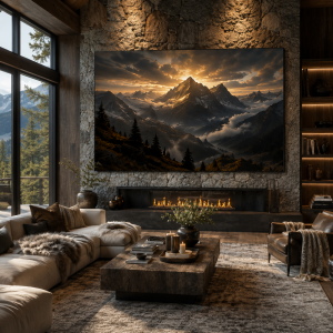 Mountain sunrise canvas print above a stone fireplace in a rustic mountain living room