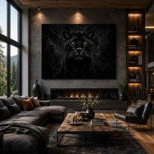 Black jaguar portrait canvas print above a fireplace in a dark modern living room