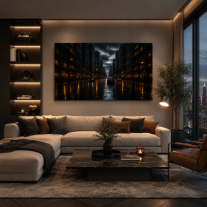 Nighttime city street canvas print above a beige sectional sofa with floor-to-ceiling windows